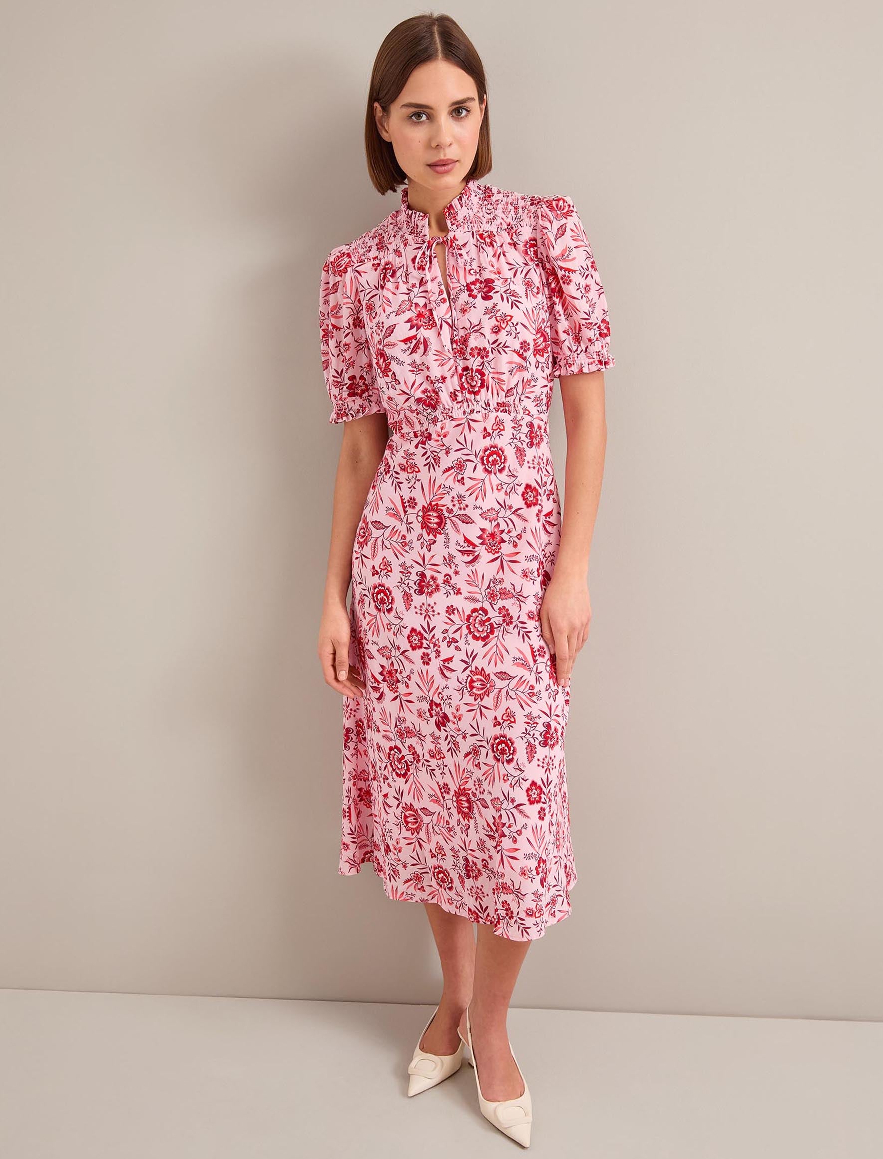 Irina Cotton Blend Midi Dress - Pink Palm Floral Print - Image 3